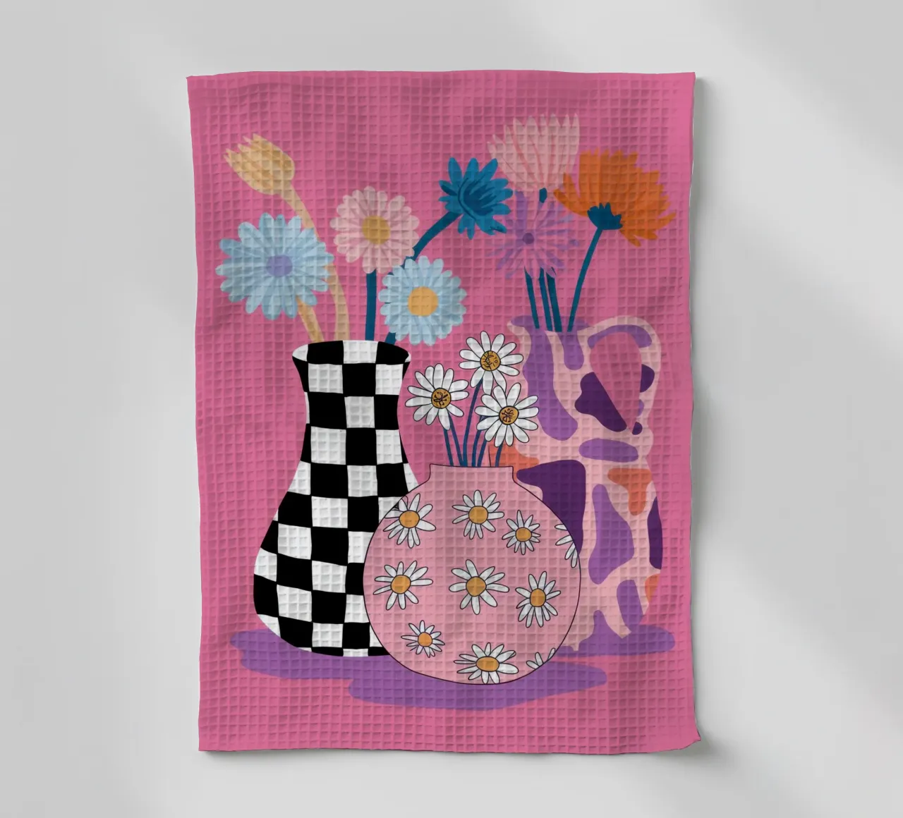 Checkered Vase Daisies tea towel by Sentinel Glow