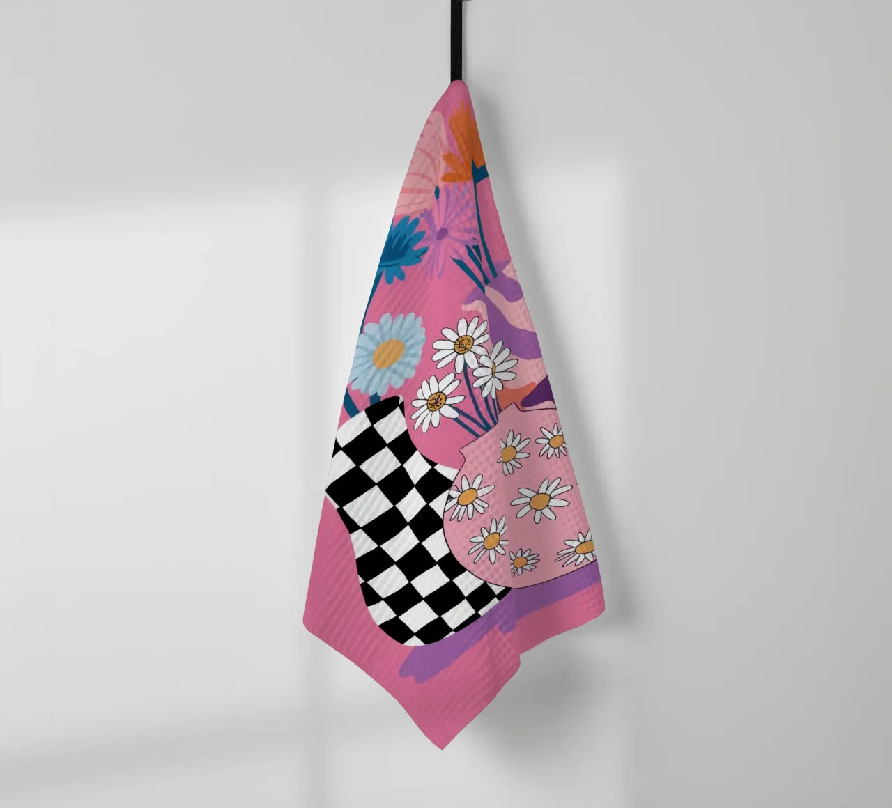 Checkered Vase Daisies tea towel by Sentinel Glow