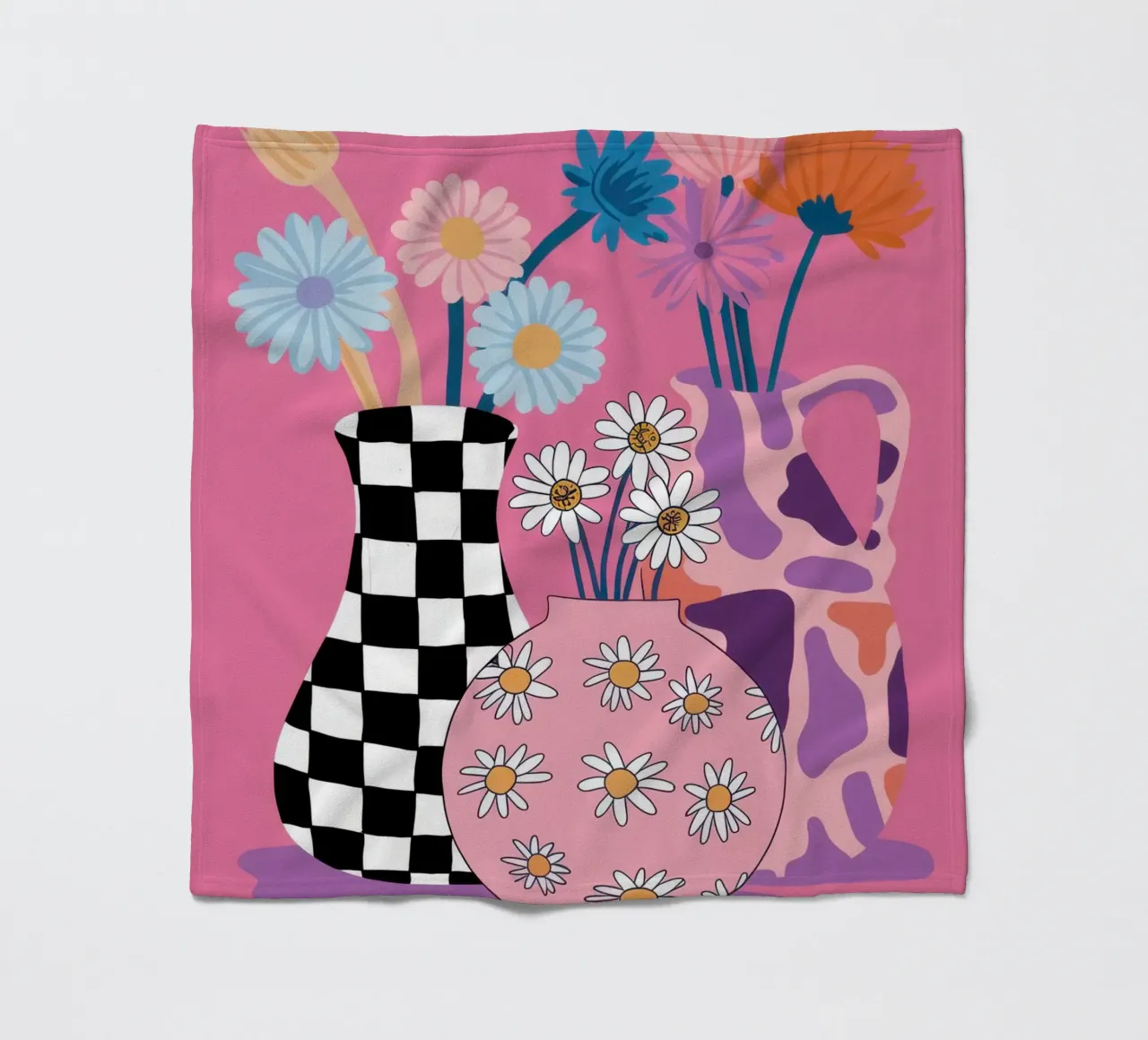 Checkered Vase Daisies fleece blanket by Sentinel Glow