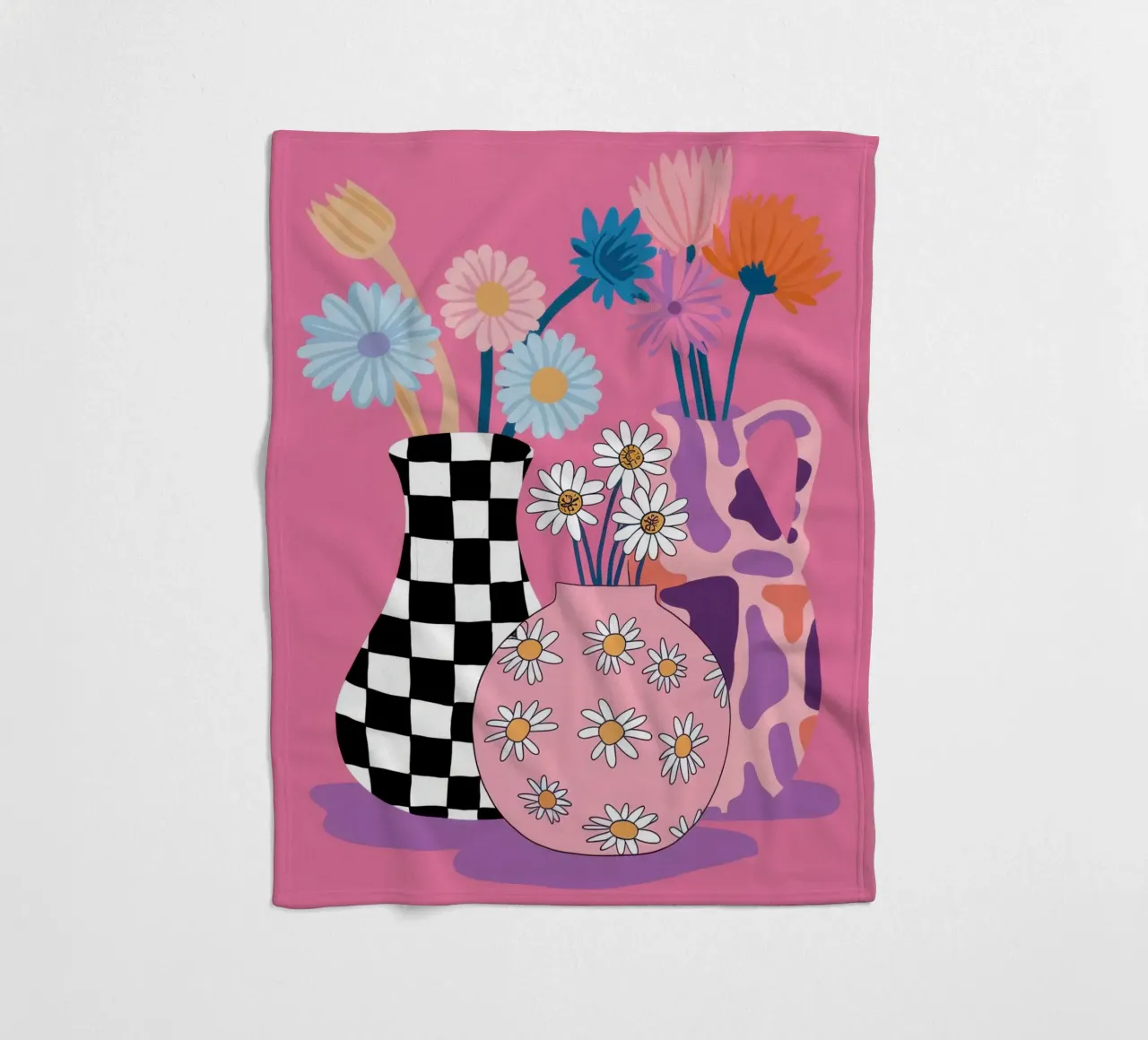 Checkered Vase Daisies fleece blanket by Sentinel Glow