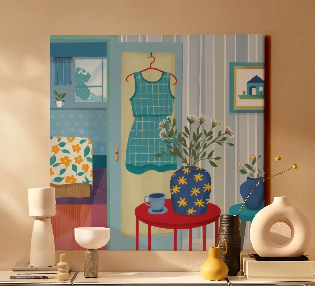 Blaues Kleid Fenster Leinwand mit Schattenfugenrahmen von Pale Aura