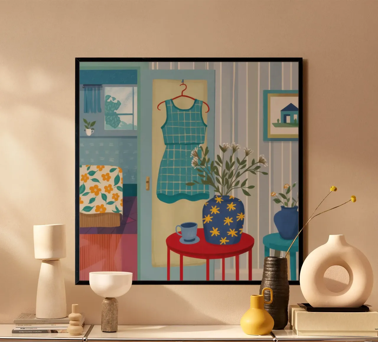Finestra del vestito blu poster con telaio in legno da Pale Aura