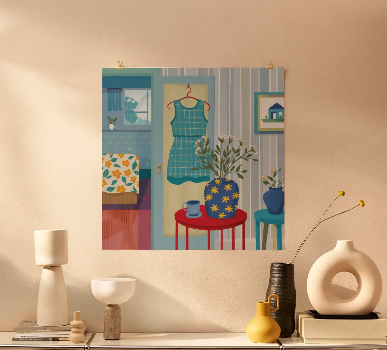 Finestra del vestito blu poster con telaio in legno da Pale Aura