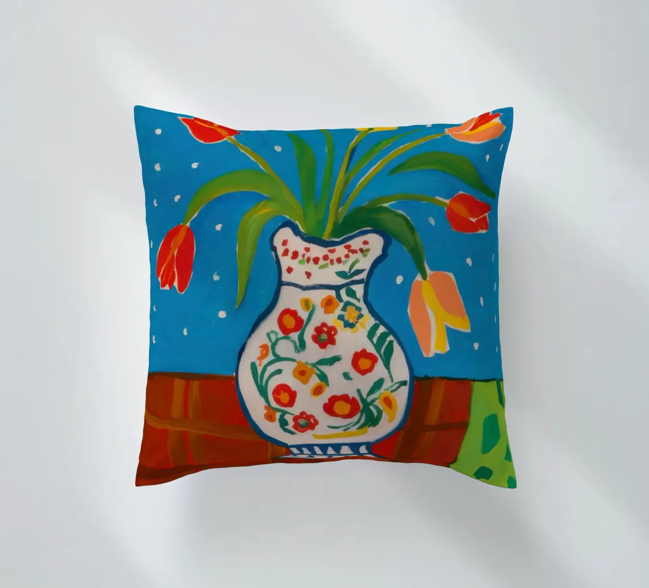 Red Tulip Patterned Vase decorative cushion by Sentinel Glow