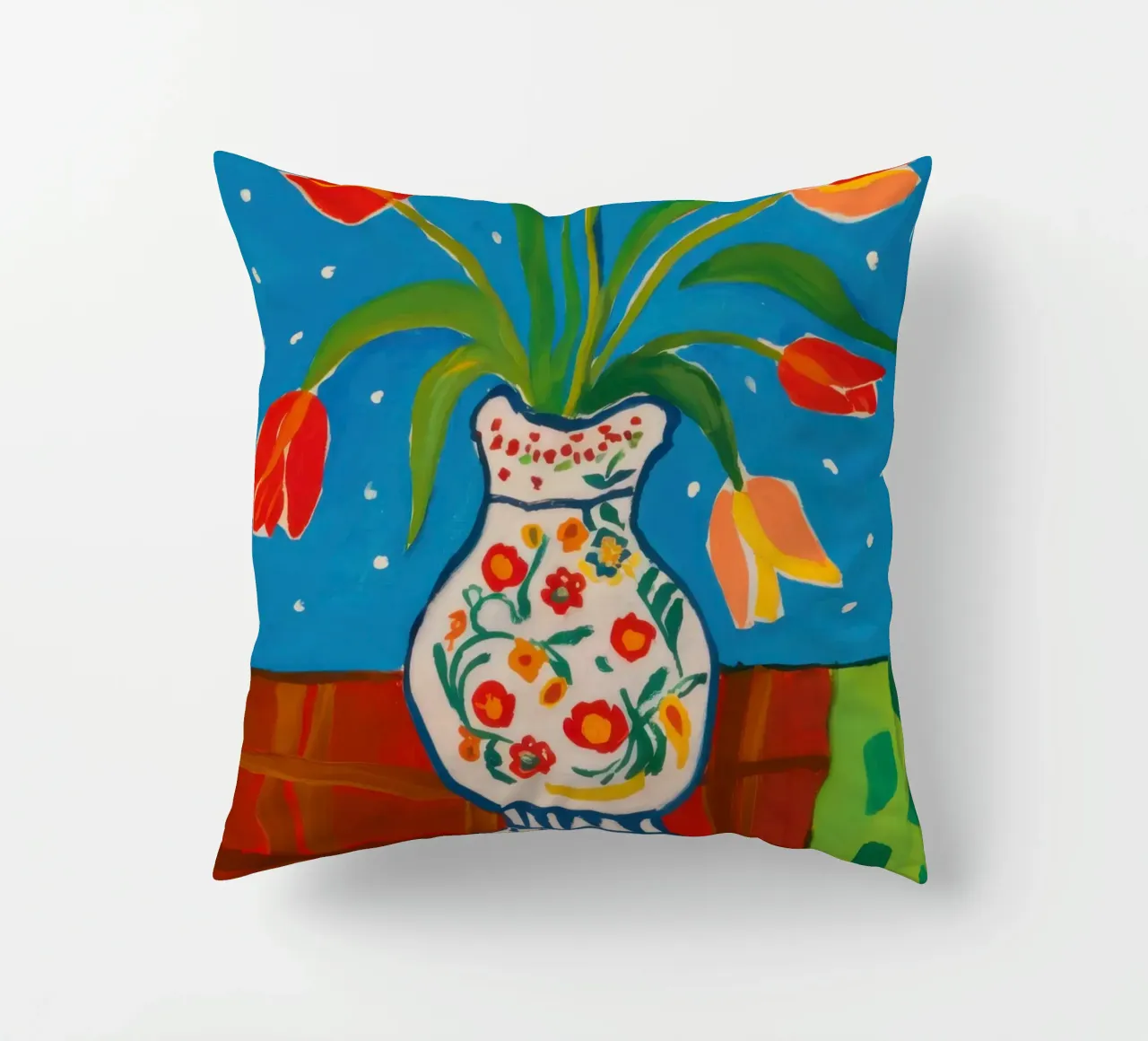 Red Tulip Patterned Vase decorative cushion by Sentinel Glow