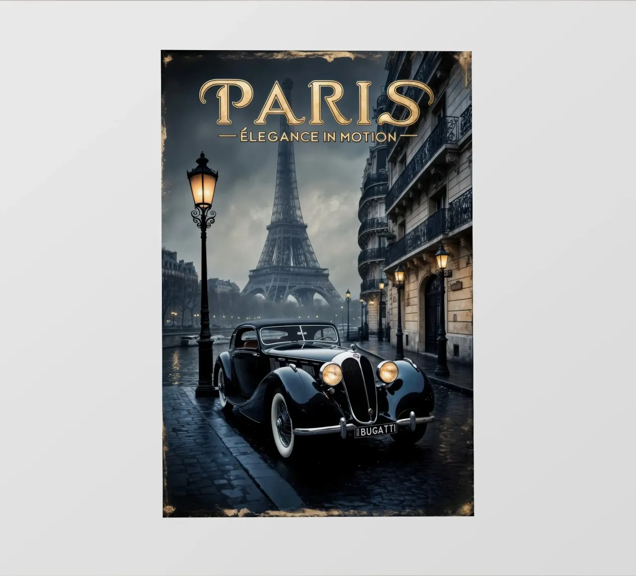 Fascino parigino nostalgico Auto d'epoca e Torre Eiffel pellicola backlit da muench benjamin