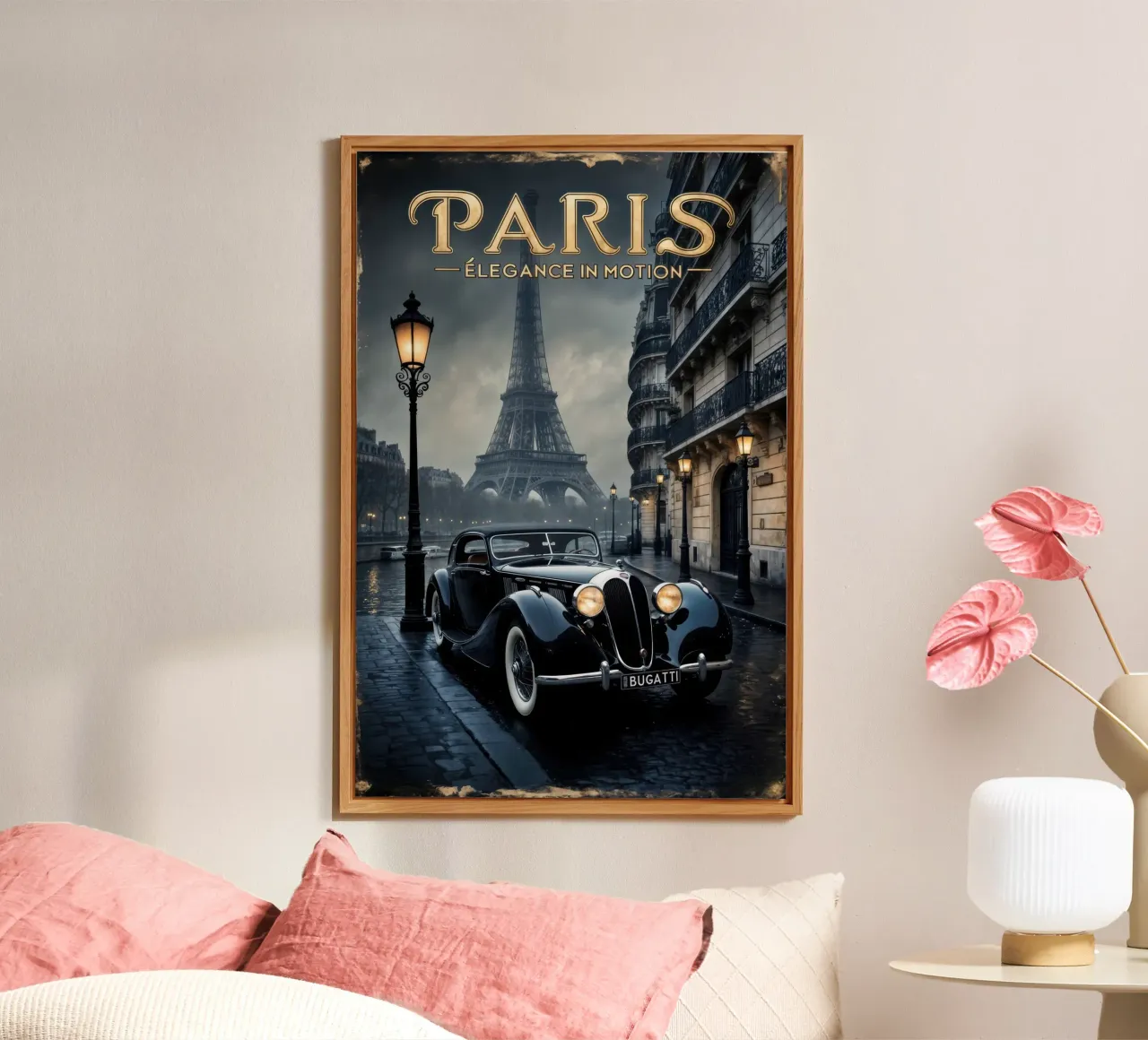 Fascino parigino nostalgico Auto d'epoca e Torre Eiffel alluminio dibond da muench benjamin