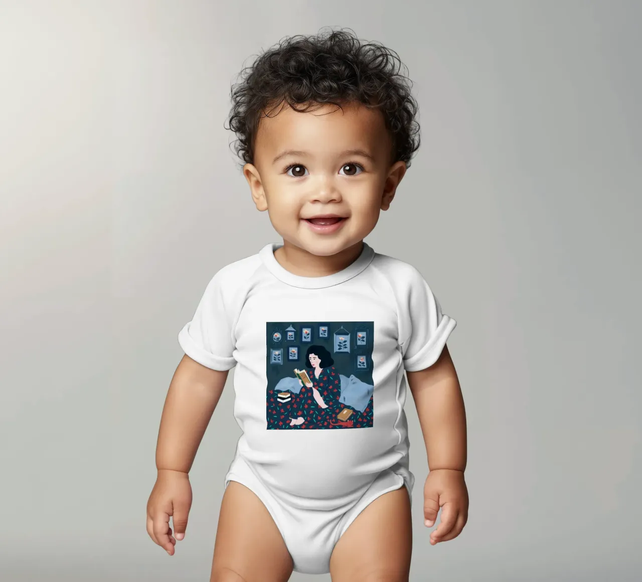 Reading with a Cat short-sleeve baby romper by Pale Aura