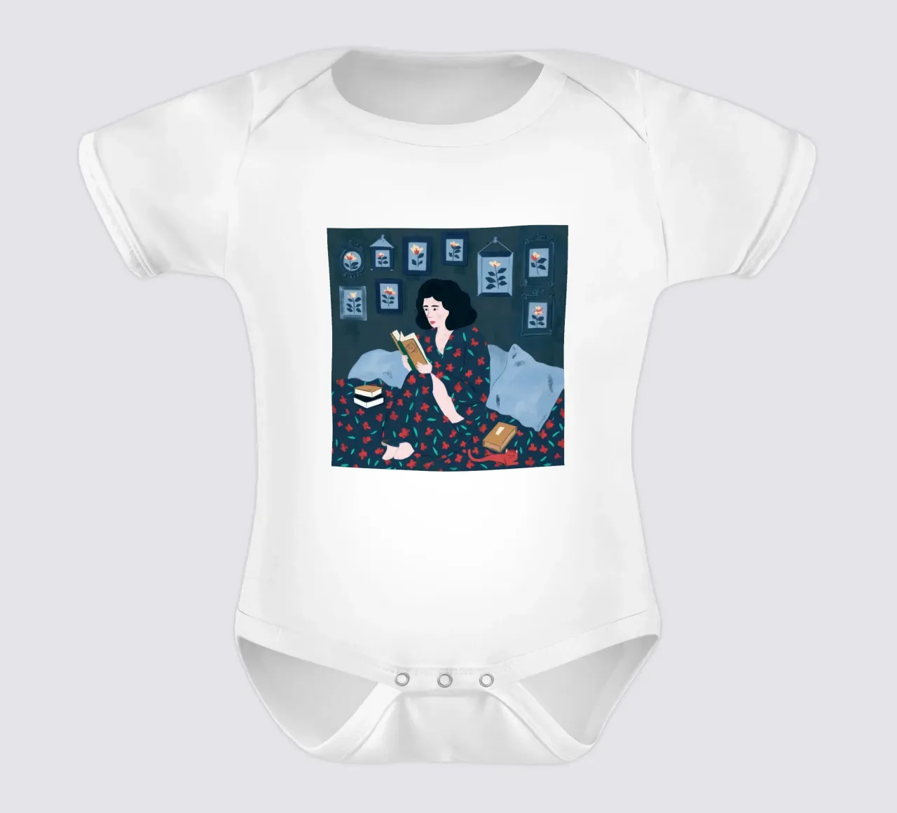 Reading with a Cat short-sleeve baby romper by Pale Aura