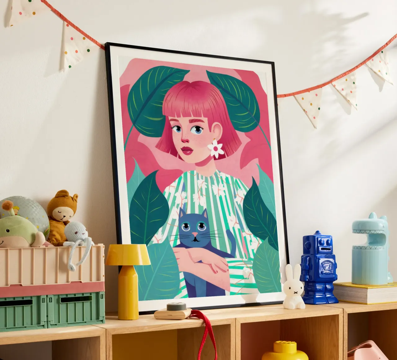 Gatto blu dai capelli rosa poster con telaio in legno da Marigold Tiga