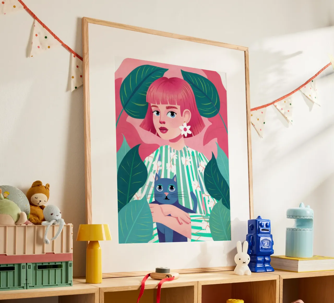 Gatto blu dai capelli rosa poster con telaio in legno da Marigold Tiga