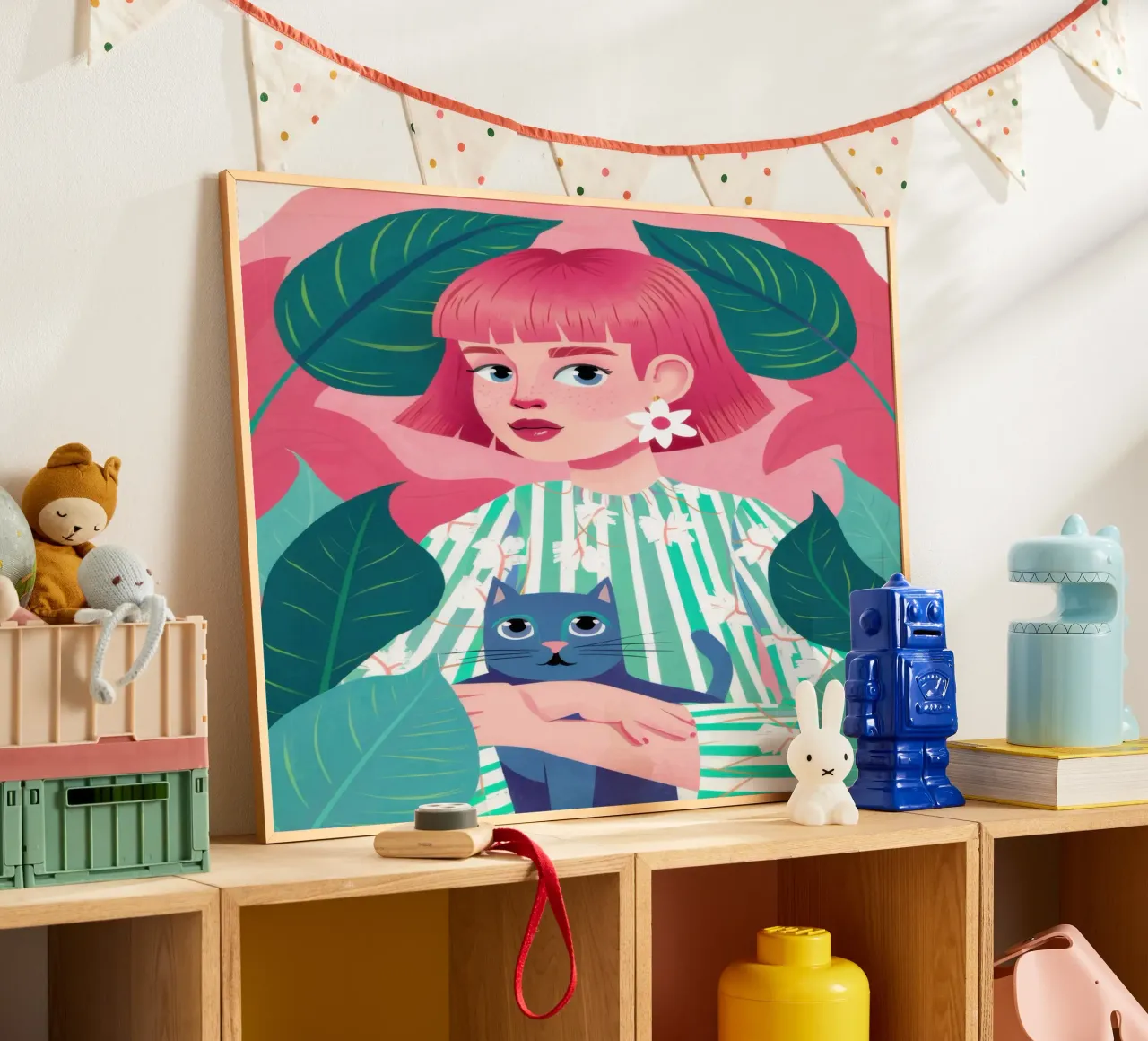 Gatto blu dai capelli rosa poster con telaio in legno da Marigold Tiga