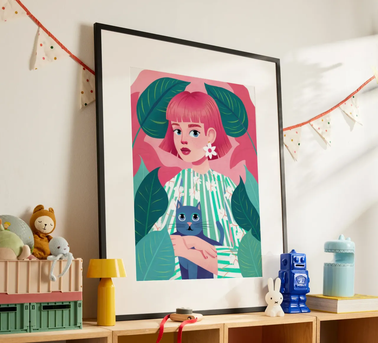 Gatto blu dai capelli rosa poster con telaio in legno da Marigold Tiga