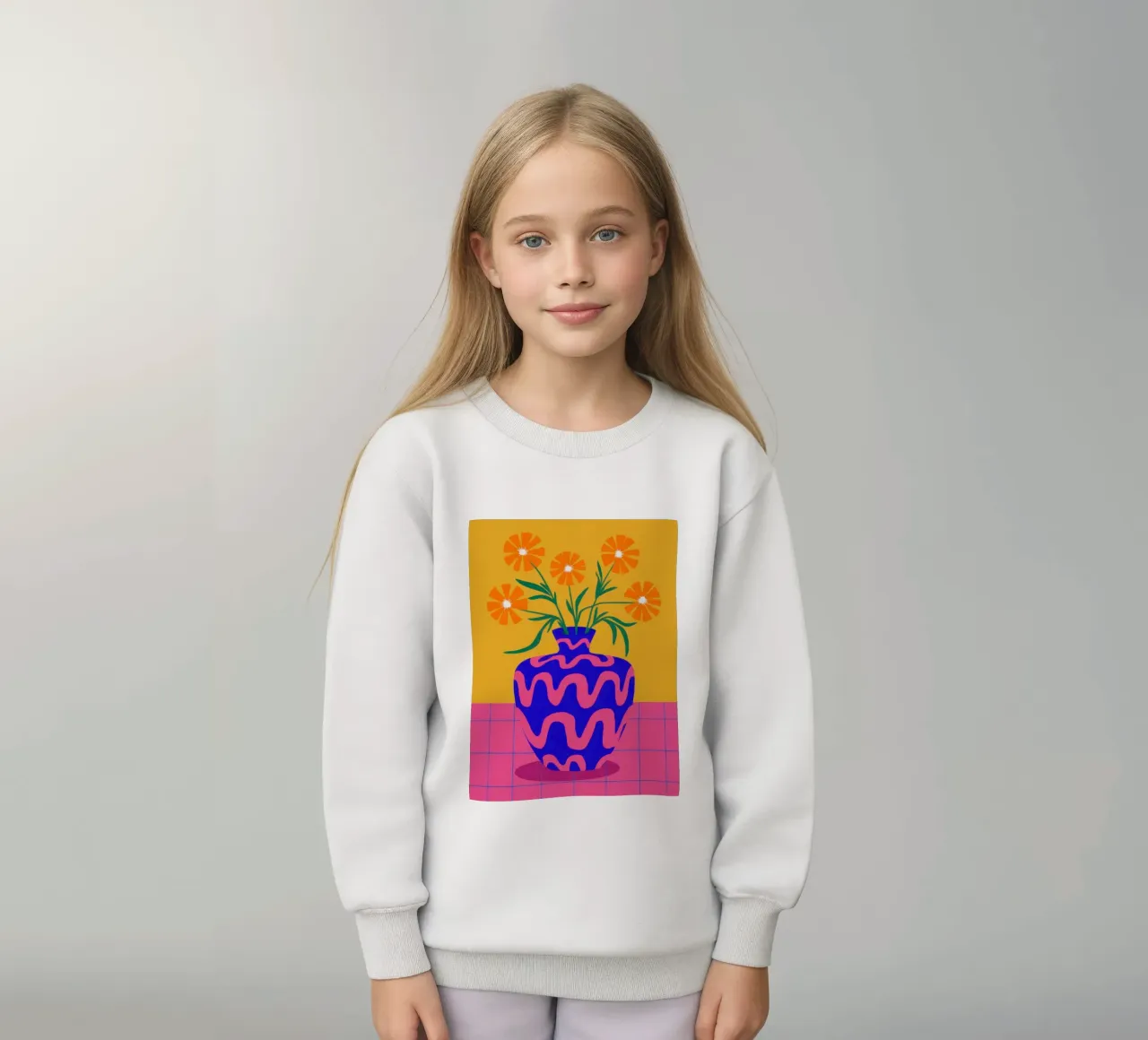 Wavy Vase Orange Flowers kids sweatshirt by Sentinel Glow