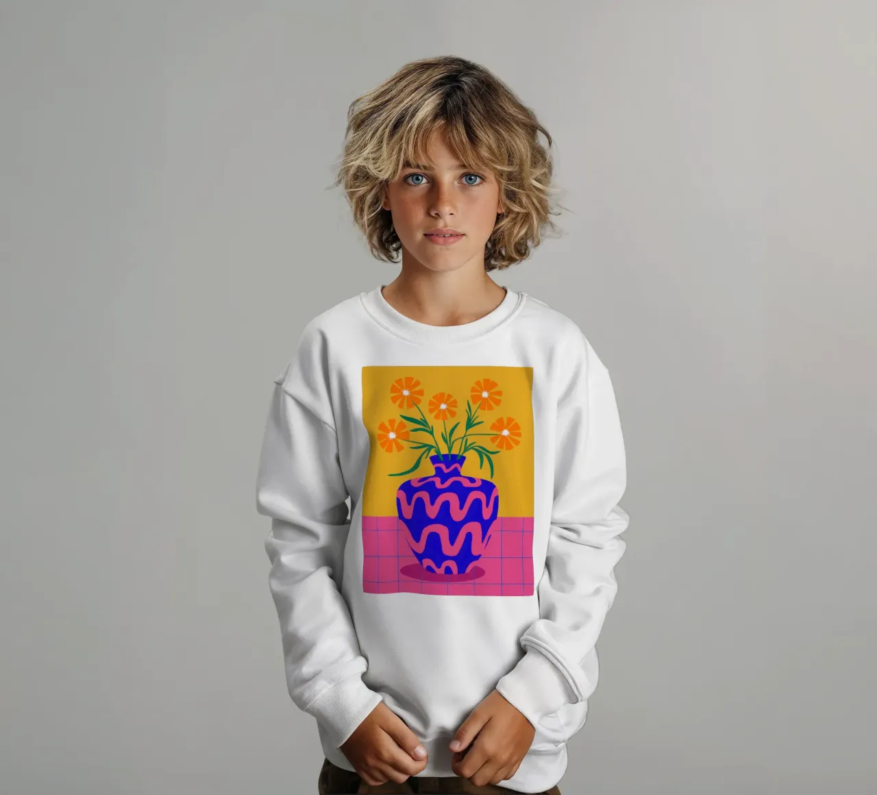 Wavy Vase Orange Flowers kids sweatshirt by Sentinel Glow