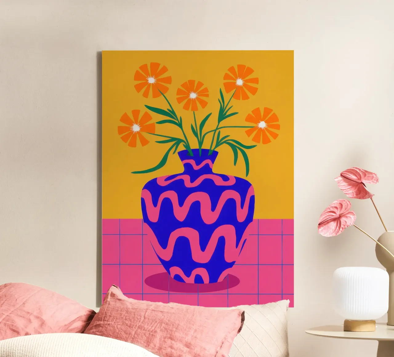Vaso ondulato Fiori arancioni tela con Cornice a cassetta da Sentinel Glow