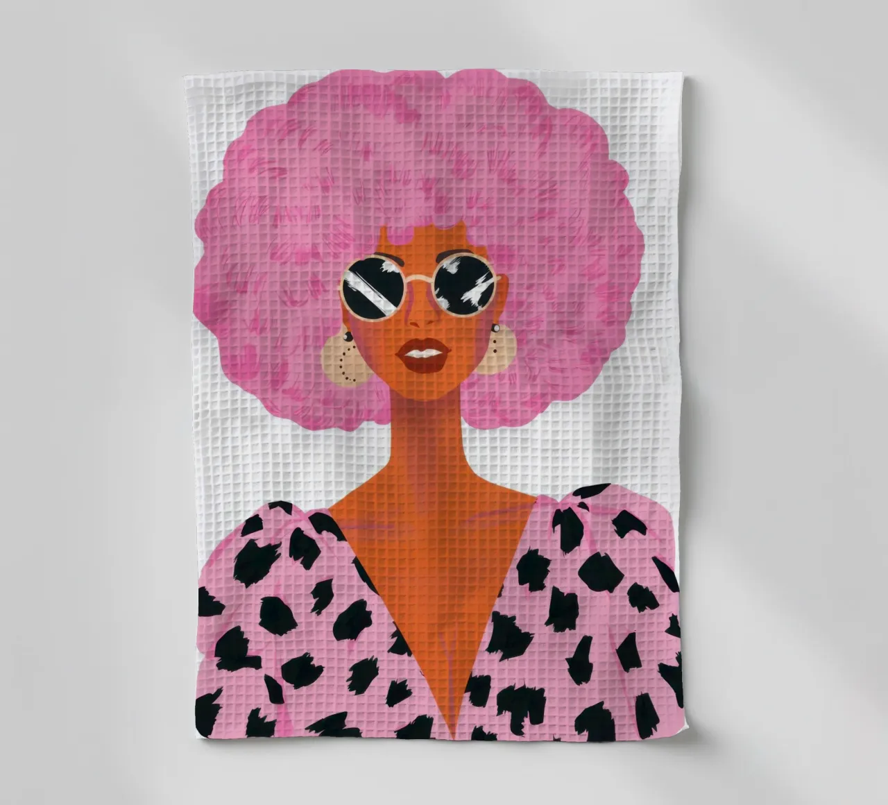 Pink Afro Sunglasses tea towel by Sentinel Glow