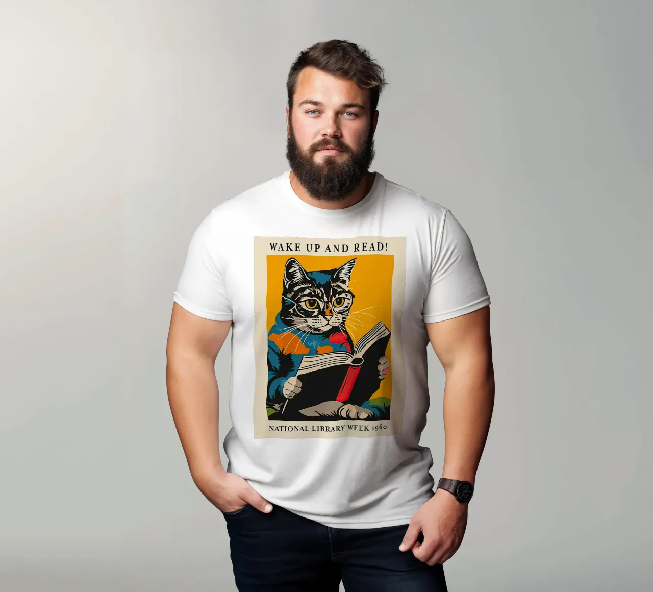 Cat Reading Poster - Wake Up and Read t-shirt by muench benjamin
