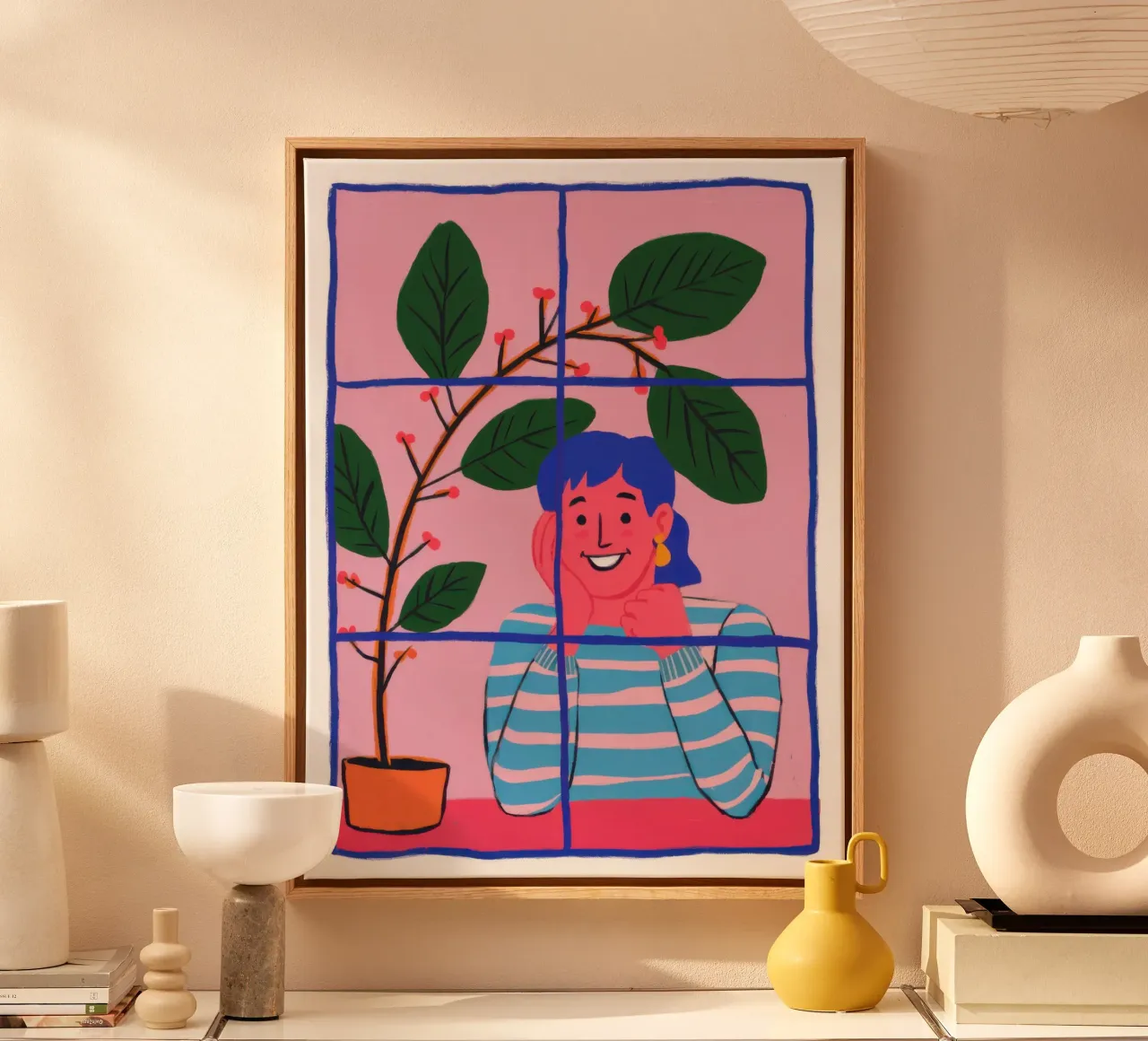 Potted Plant Window Grid canvas with Floater frame by Pale Aura