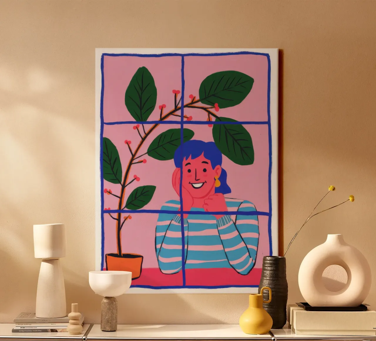 Potted Plant Window Grid canvas with Floater frame by Pale Aura