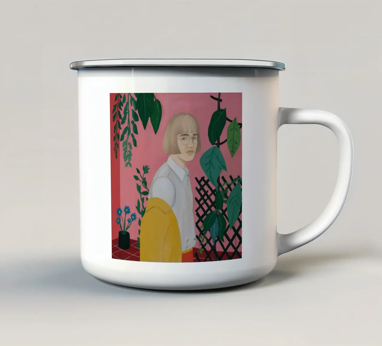 Bionda con pianta tazza in smalto da Pale Aura