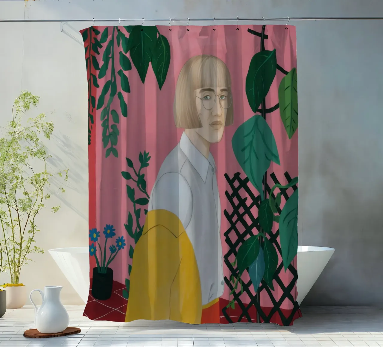 Bionda con pianta tenda da doccia da Pale Aura