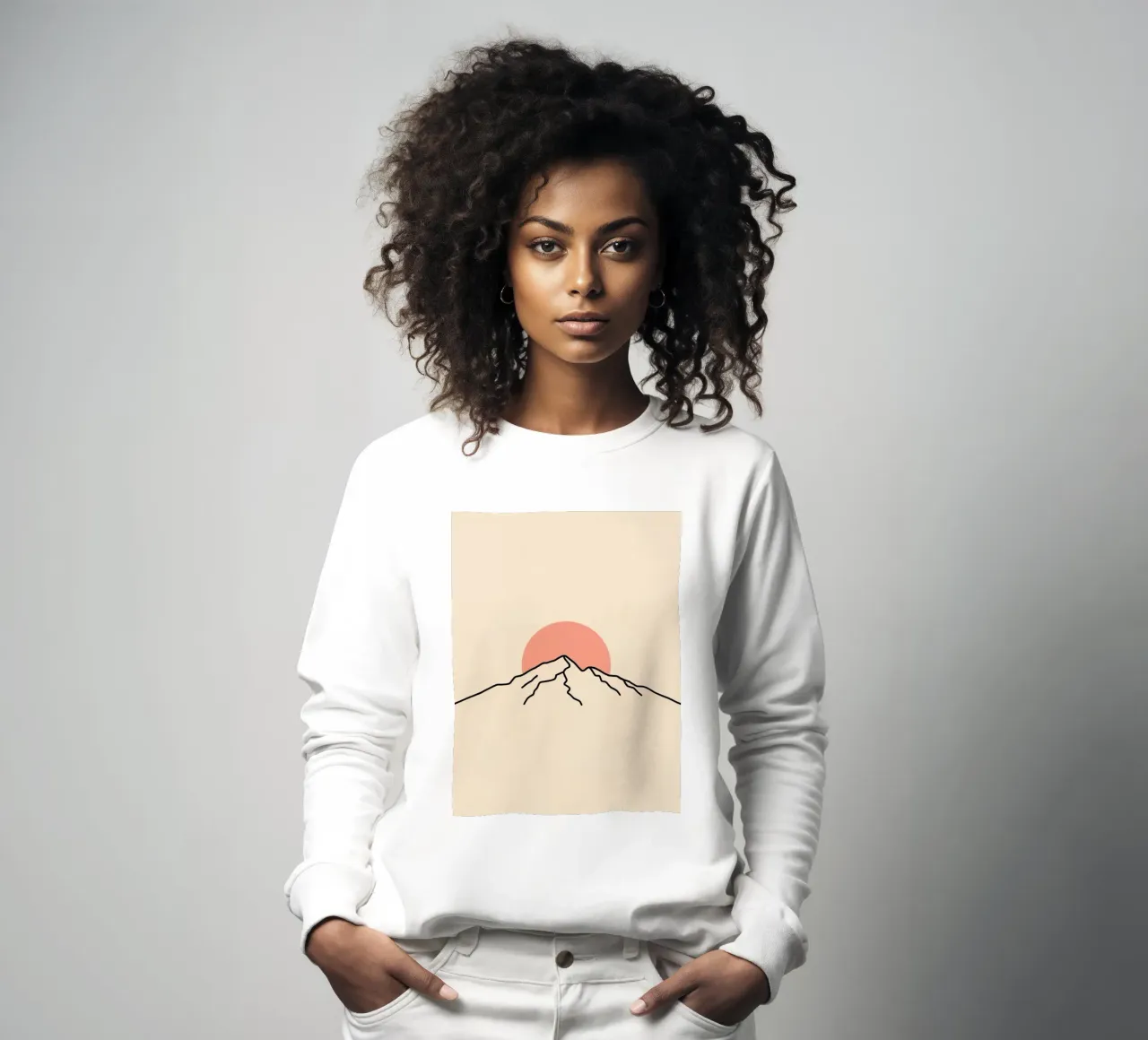 Stylized mountain range with minimalist sun in background sweatshirt by DesignDoodle