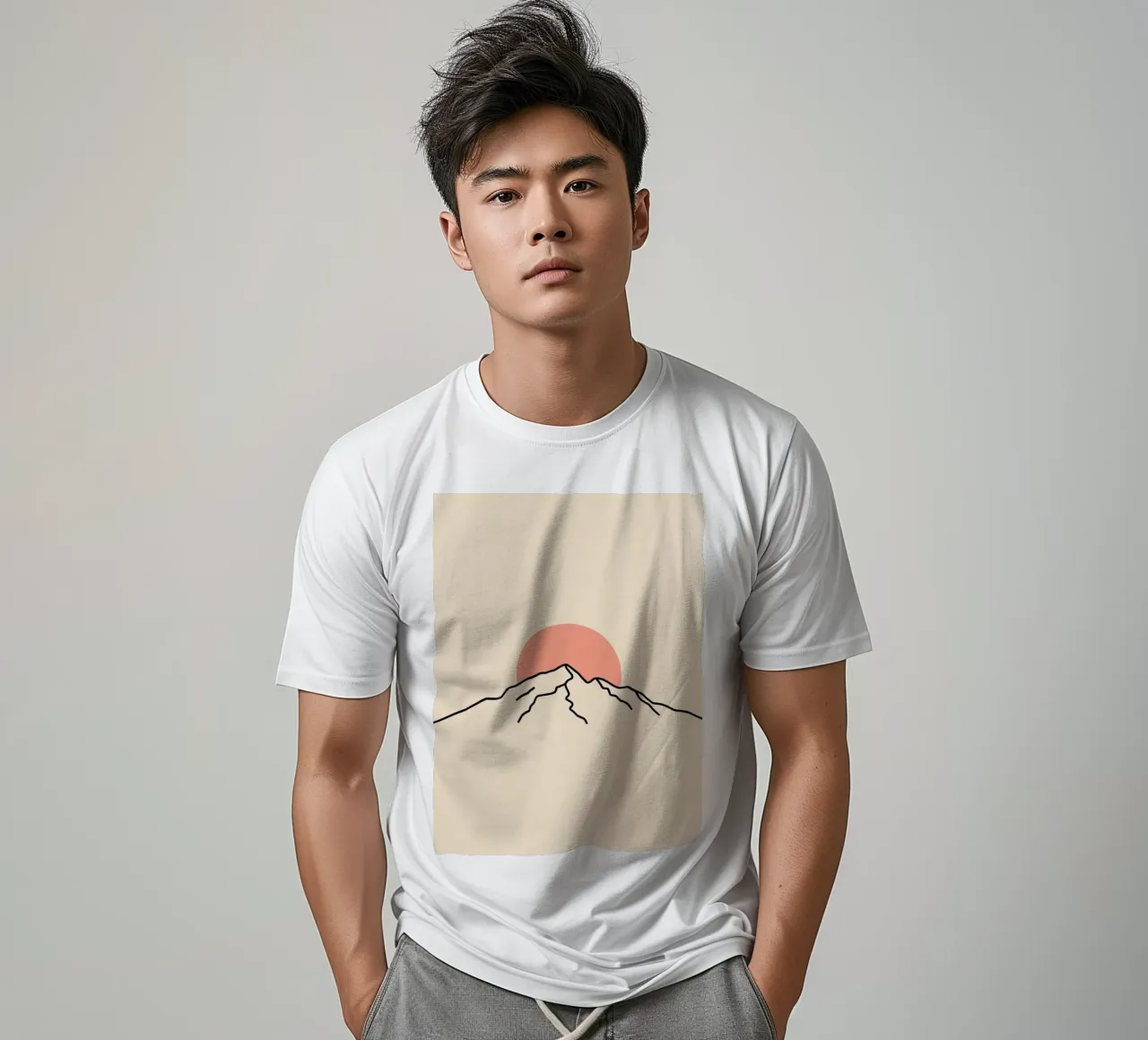 Stylized mountain range with minimalist sun in background t-shirt by DesignDoodle
