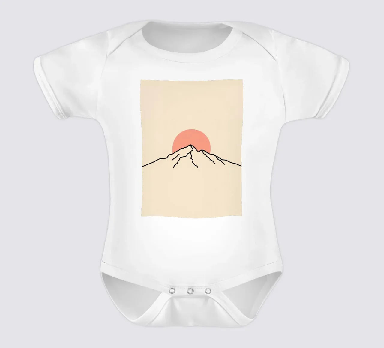 Stylized mountain range with minimalist sun in background short-sleeve baby romper by DesignDoodle