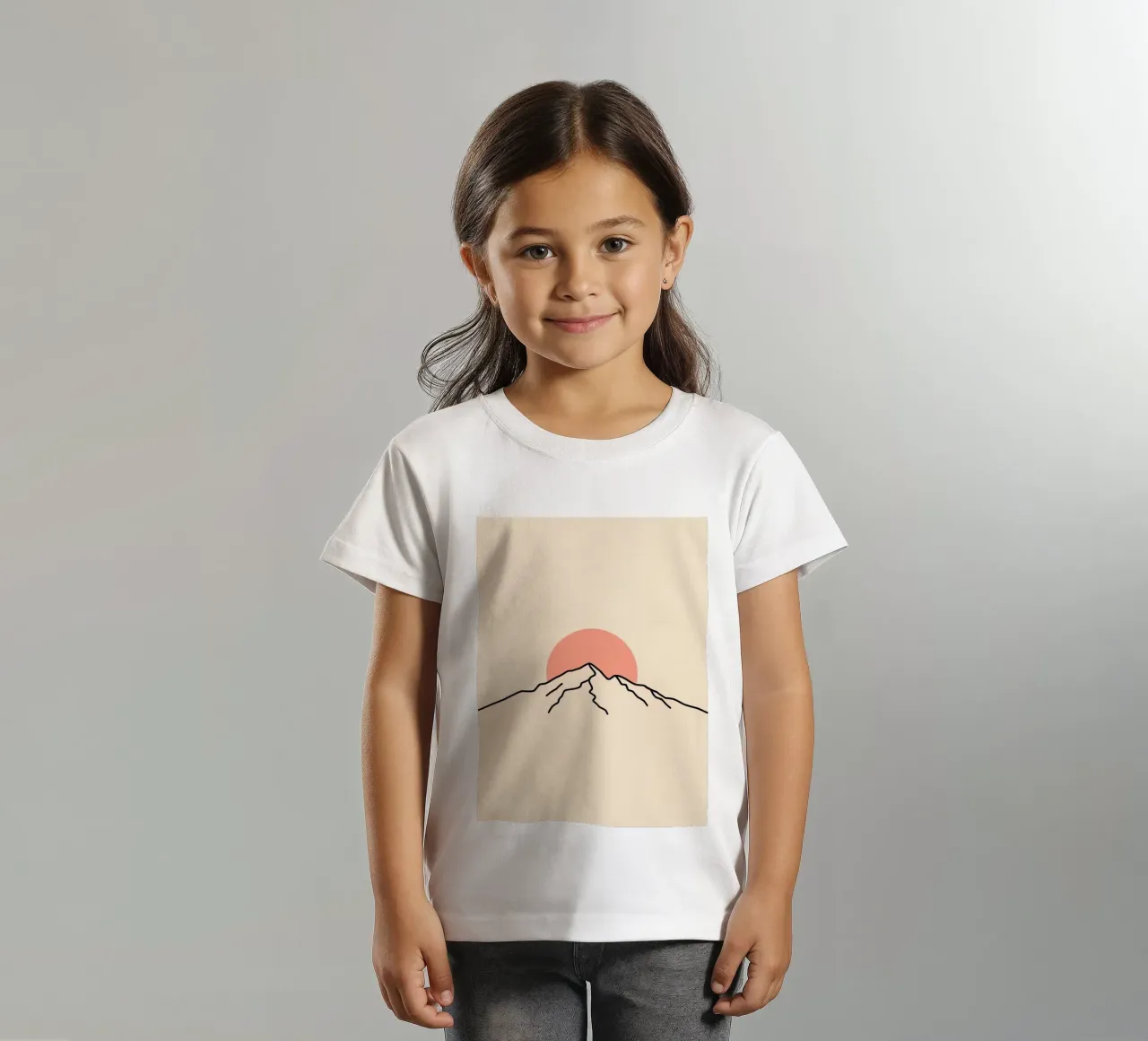 Stylized mountain range with minimalist sun in background kids t-shirt by DesignDoodle