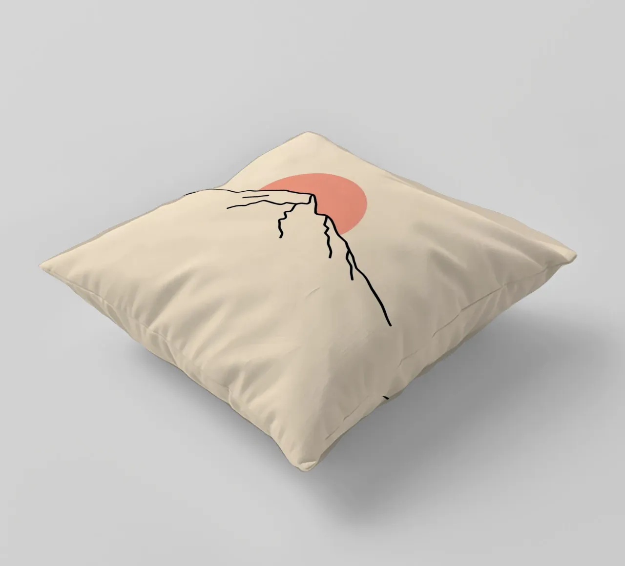 Stylized mountain range with minimalist sun in background decorative cushion by DesignDoodle