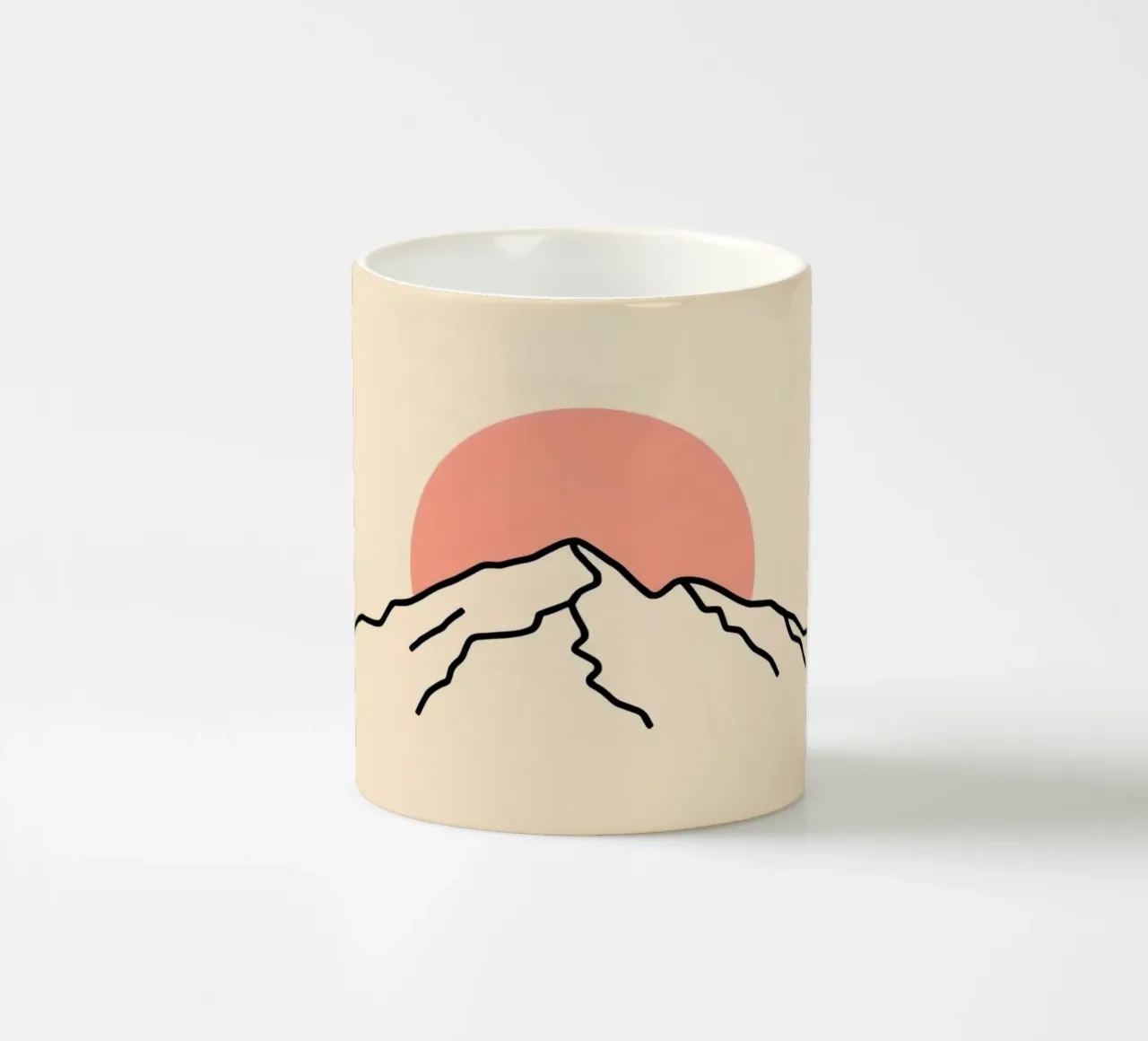 Stylized mountain range with minimalist sun in background ceramic mug by DesignDoodle