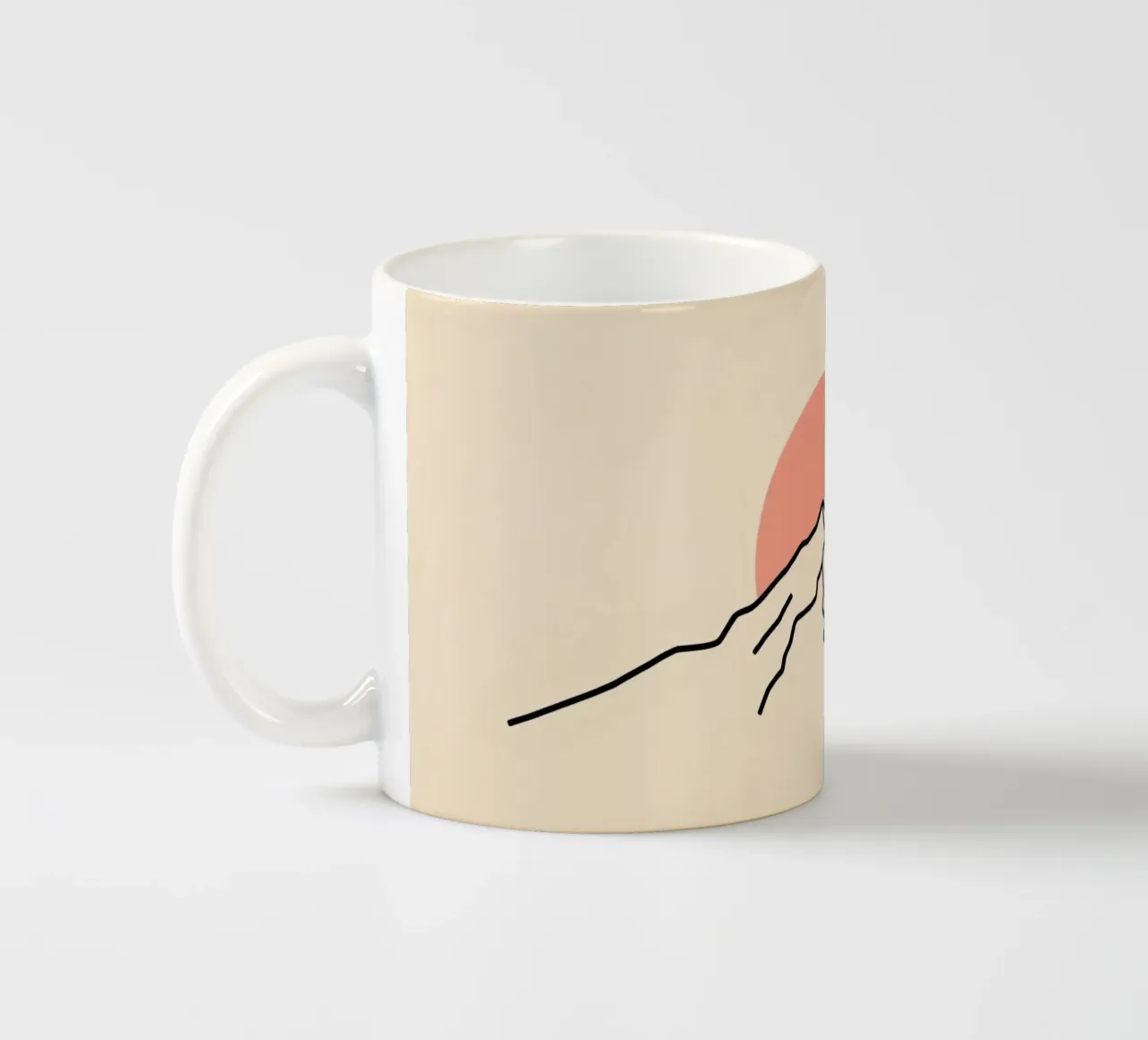 Stylized mountain range with minimalist sun in background ceramic mug by DesignDoodle