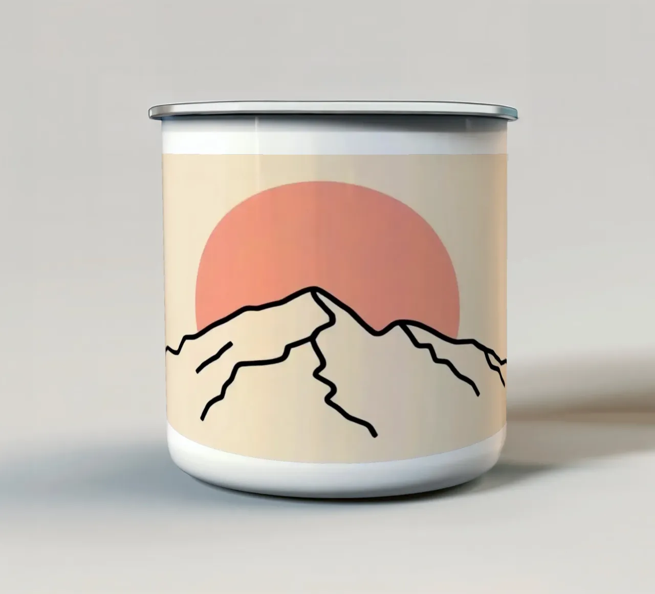 Stylized mountain range with minimalist sun in background enamel mug by DesignDoodle