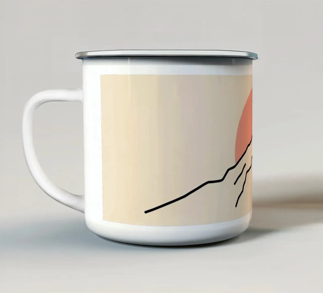 Stylized mountain range with minimalist sun in background enamel mug by DesignDoodle