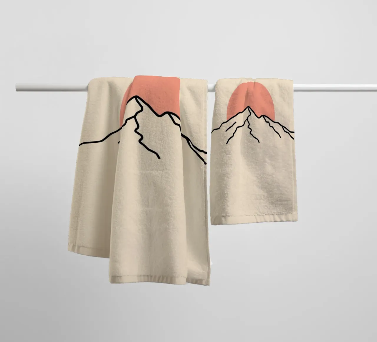 Stylized mountain range with minimalist sun in background towel by DesignDoodle