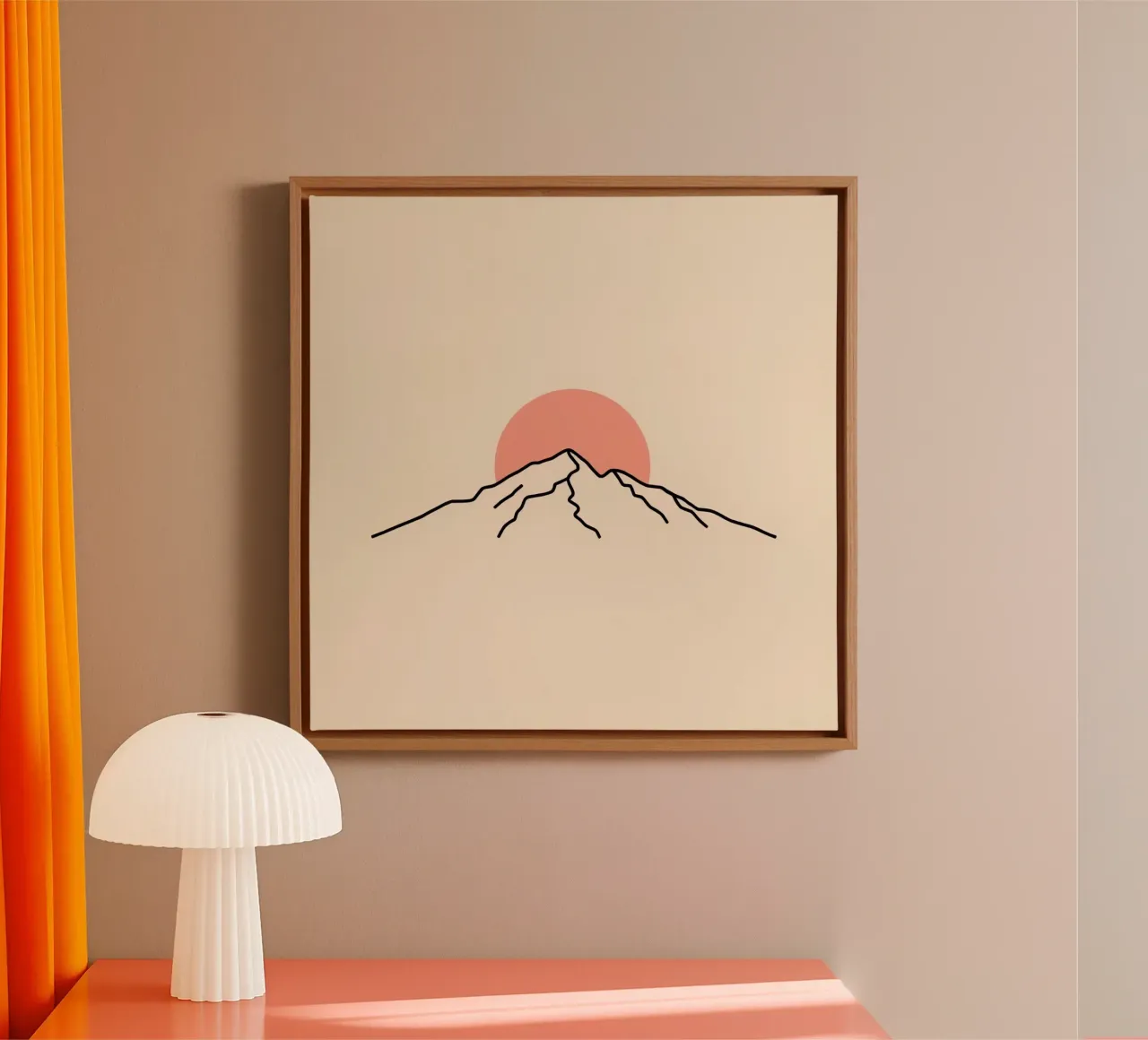 Stylized mountain range with minimalist sun in background canvas by DesignDoodle