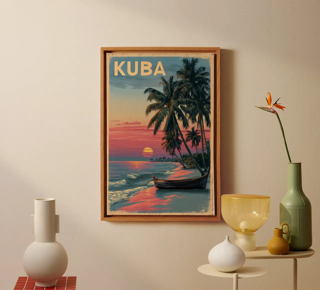 Cuba strand vintage reisposter canvas met Baklijst van Vintage Travel Art