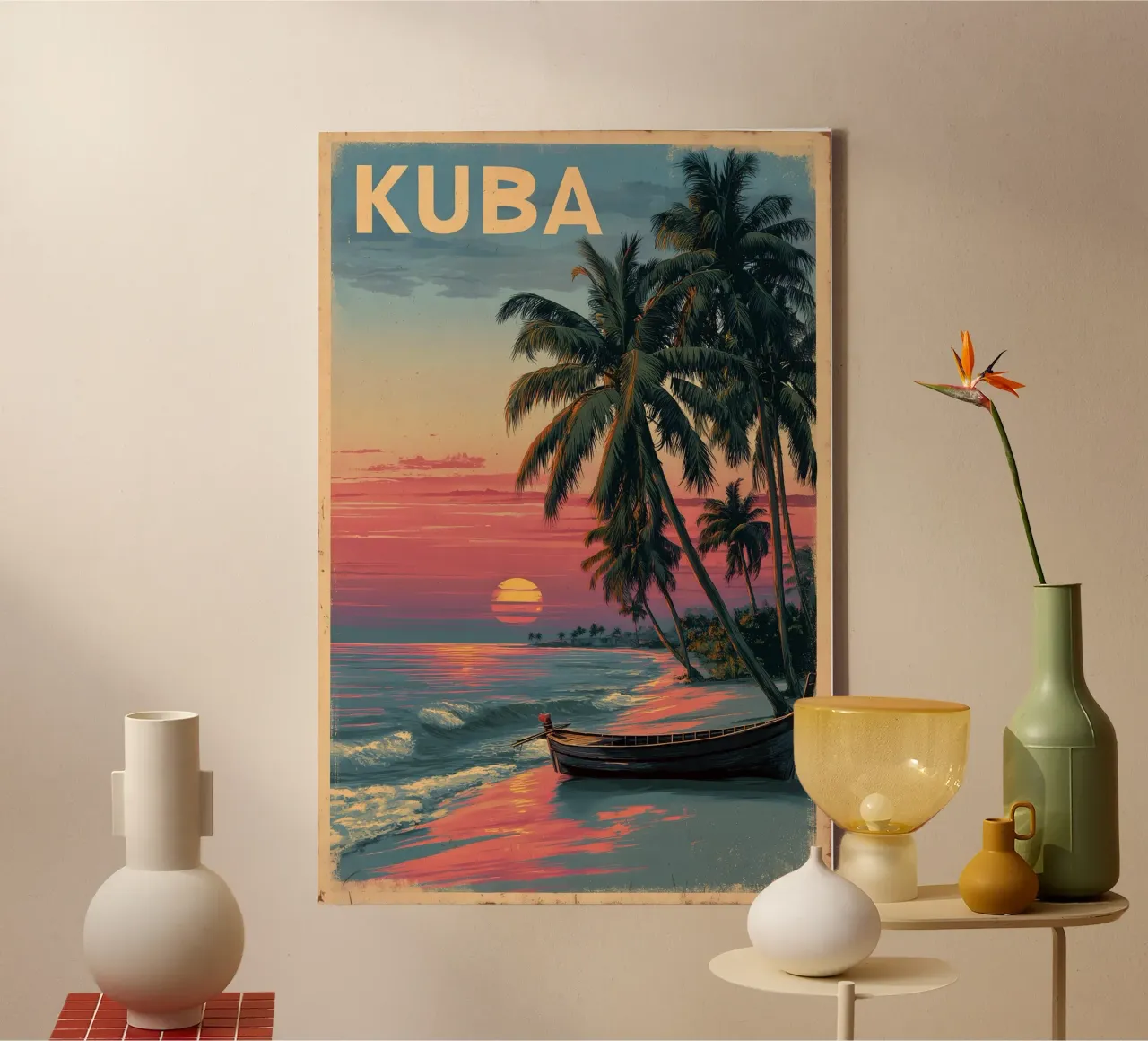 Cuba strand vintage reisposter canvas met Baklijst van Vintage Travel Art