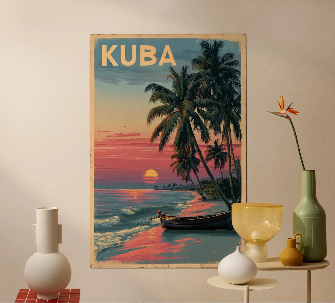 Poster di viaggio vintage sulla spiaggia di Cuba poster con telaio in alluminio da Vintage Travel Art