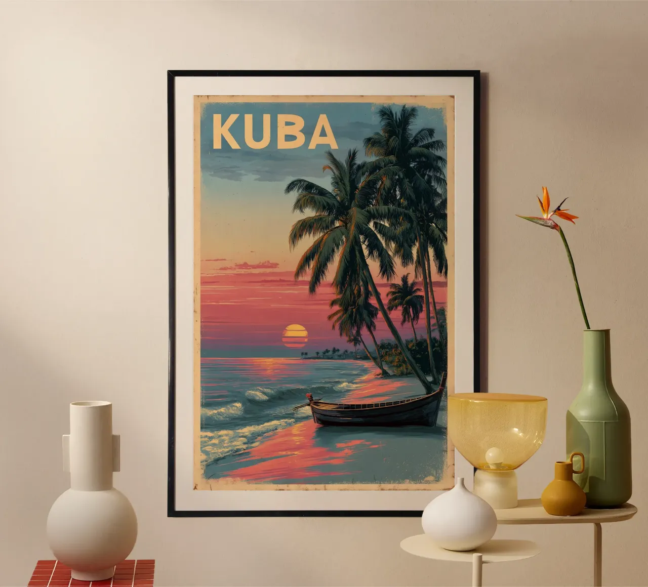 Poster di viaggio vintage sulla spiaggia di Cuba poster con telaio in alluminio da Vintage Travel Art