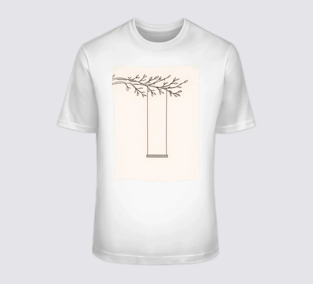 Empty swing hanging from a tree branch in a minimalist art t-shirt by DesignDoodle