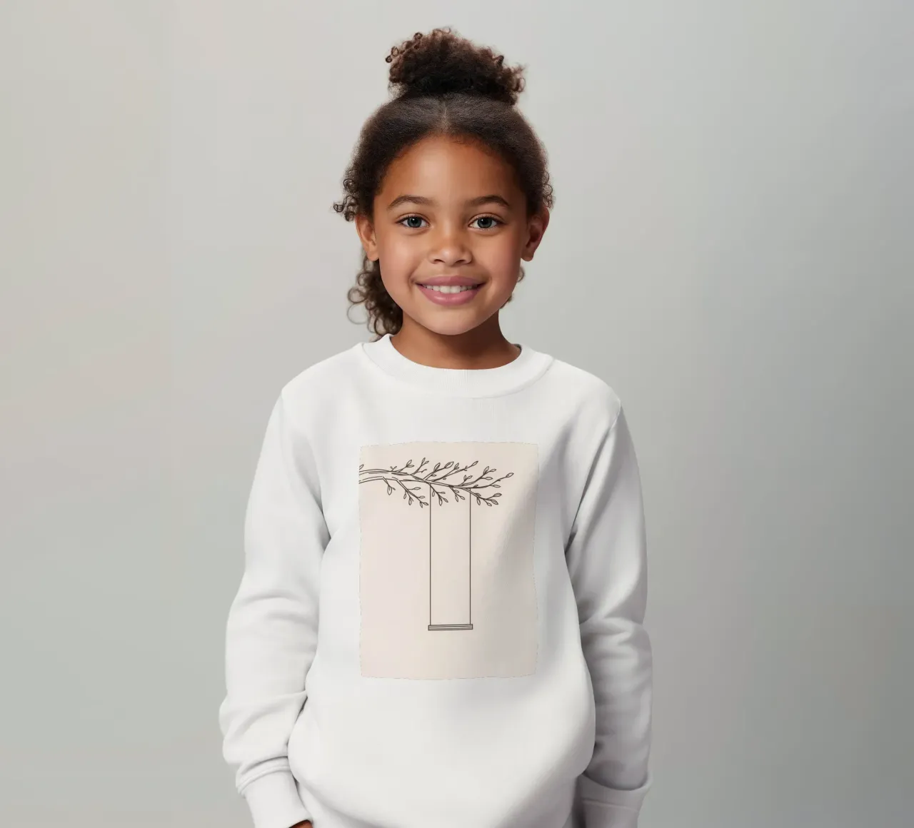 Empty swing hanging from a tree branch in a minimalist art kids sweatshirt by DesignDoodle