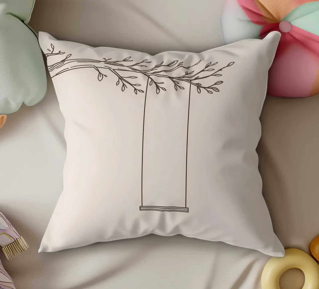 Empty swing hanging from a tree branch in a minimalist art decorative cushion by DesignDoodle