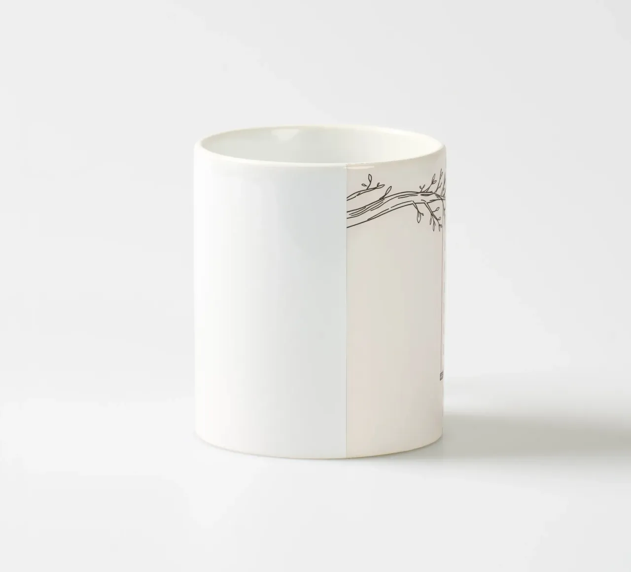 Empty swing hanging from a tree branch in a minimalist art ceramic mug by DesignDoodle
