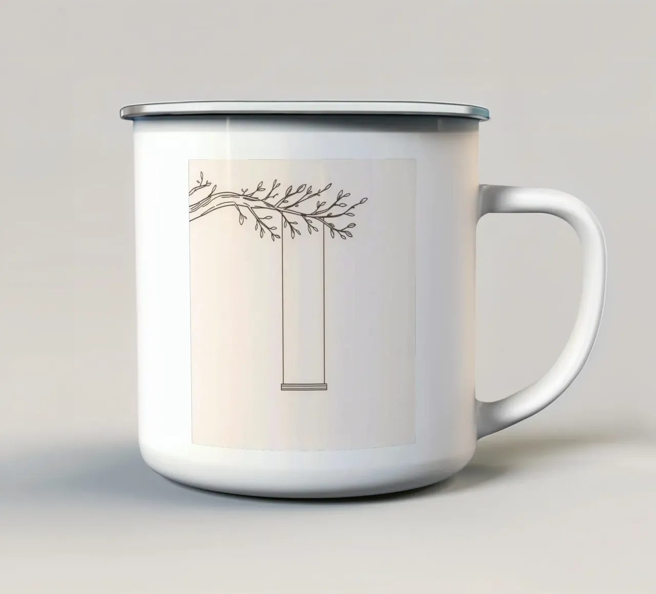 Empty swing hanging from a tree branch in a minimalist art enamel mug by DesignDoodle