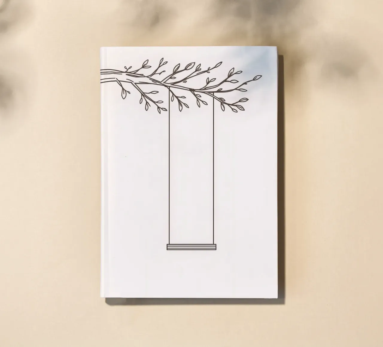 Empty swing hanging from a tree branch in a minimalist art notebook by DesignDoodle