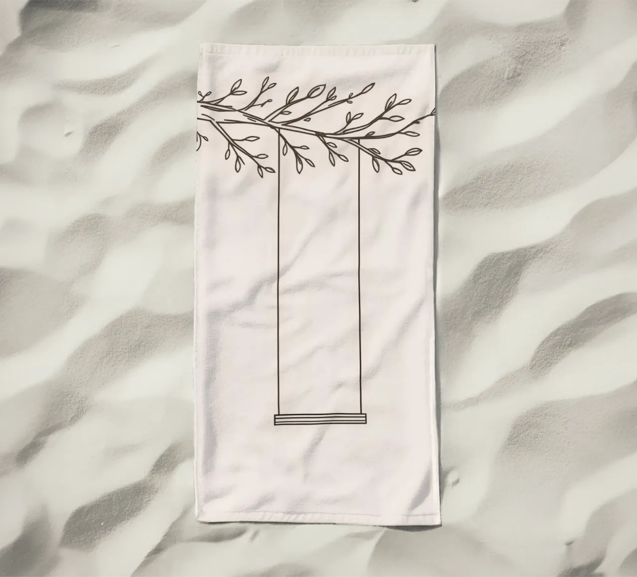 Empty swing hanging from a tree branch in a minimalist art beach towel by DesignDoodle