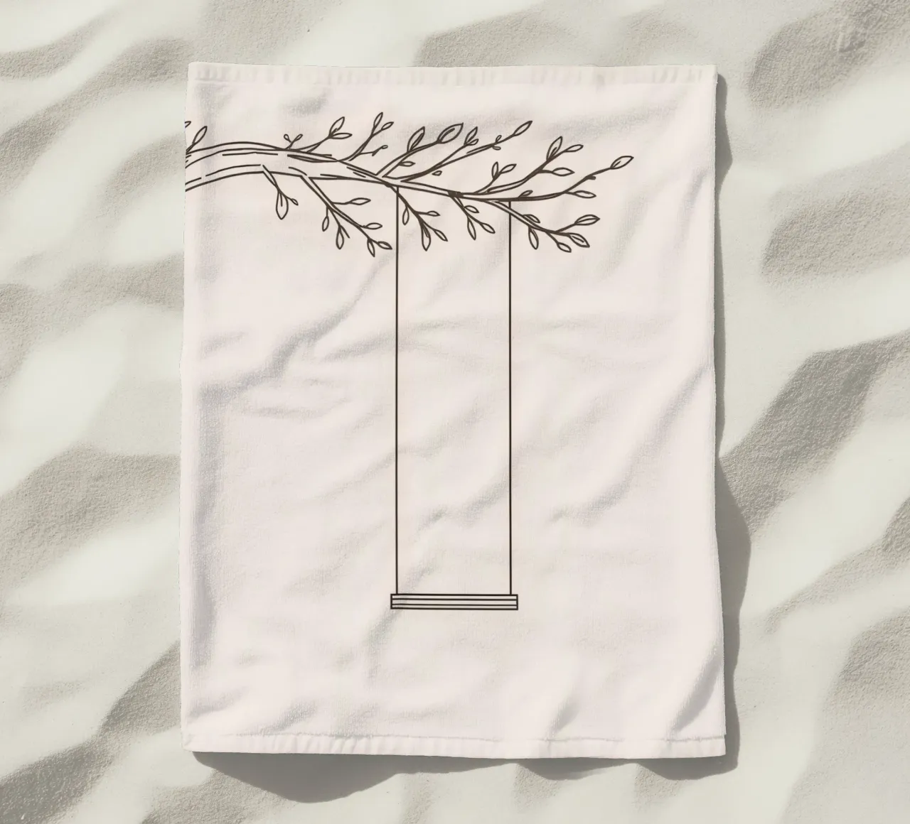 Empty swing hanging from a tree branch in a minimalist art beach towel by DesignDoodle