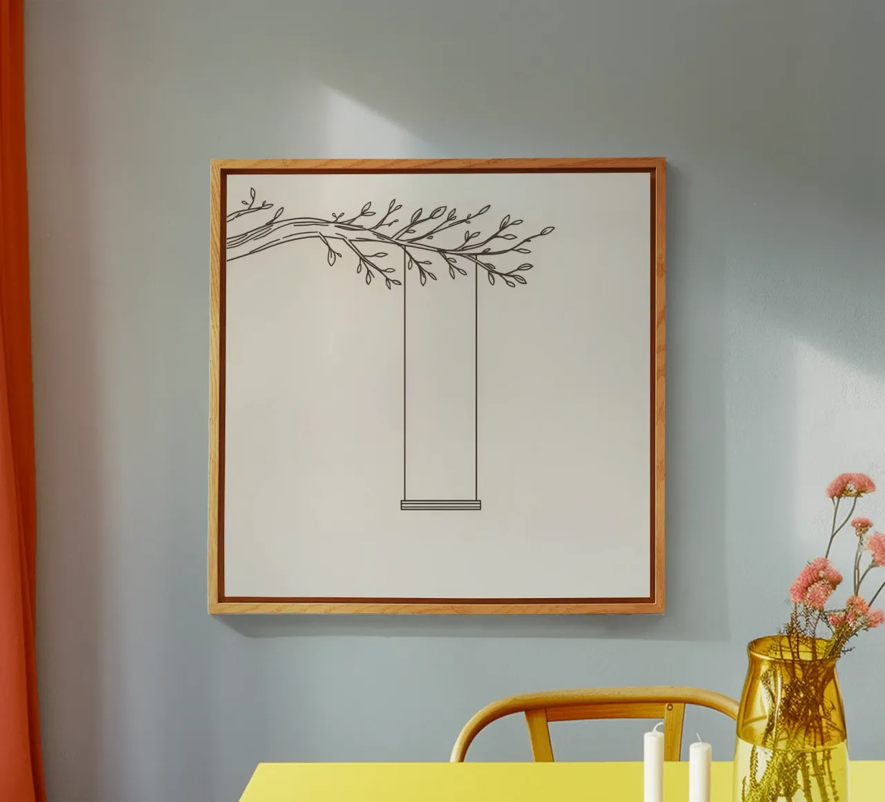 Empty swing hanging from a tree branch in a minimalist art acrylic glass by DesignDoodle